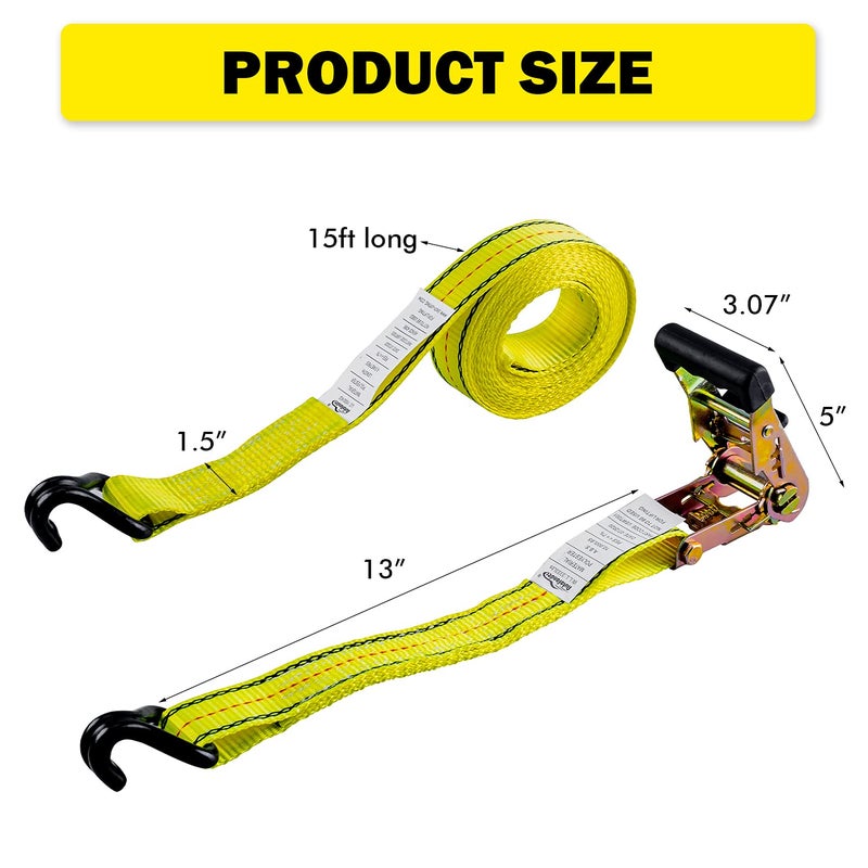 Autofonder 4pcs 1-1/2 x 15 ft Heavy Duty Ratchet Cargo Tie Down Straps 3 000 LBS Break Strength Tie-Down Ratcheting Straps Wire Hook Ends  J-Hook Ratchet Strap TieDowns - Image 3